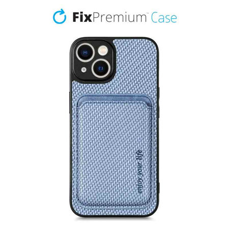 FixPremium - Puzdro Carbon s MagSafe Wallet pre iPhone 14 Plus, modrá